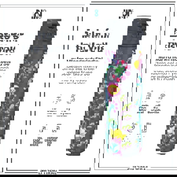 A dark-grey, floral-patterned insulated steel water bottle sits against a white background. The bottle is described as carbon neutral, fully recyclable, odour resistant and dishwasher safe.