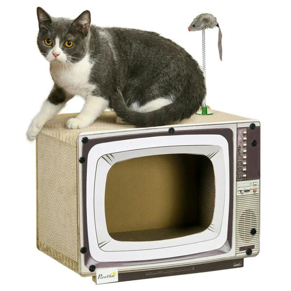 TV-shaped cat scratching board with front opening and hanging toy rat