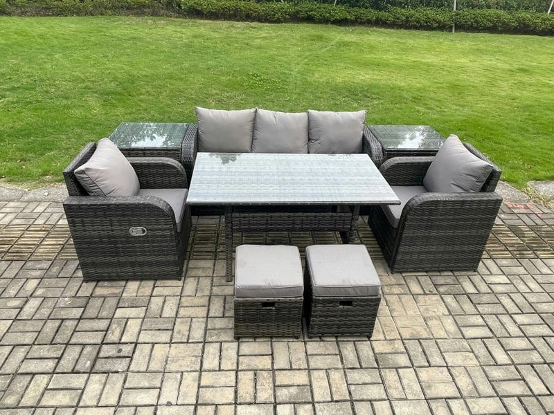 Fimous 7 Seater Rattan Outdoor Garden Furniture Set Rectangular Dining Table and Chair Sofa Set With 2 Side Tables 2 Small Footstools Dark Grey Mixed