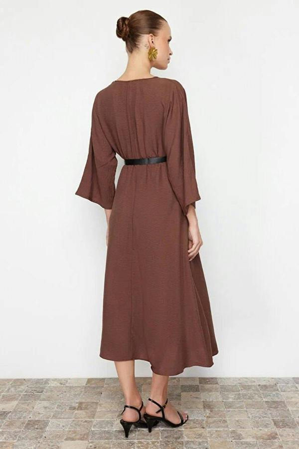 Belted A-Line Wrap Collar Batwing Sleeve Midi Dress