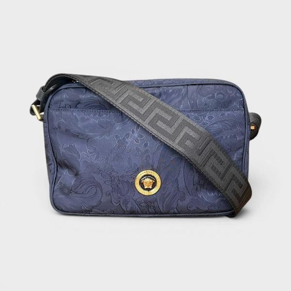 Versace Medusa Logo Jacquard Crossbody Fabric Bag Navy Black