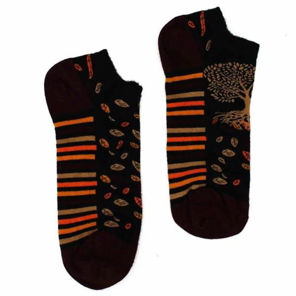 Pair of low-cut bamboo socks, dark maroon with orange stripes and small leaf prints
