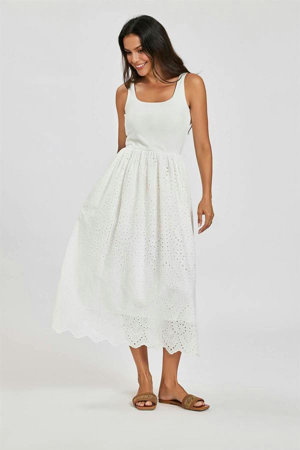 FS Collection Sleeveless Jersey Top Broderie Midi Dress In White