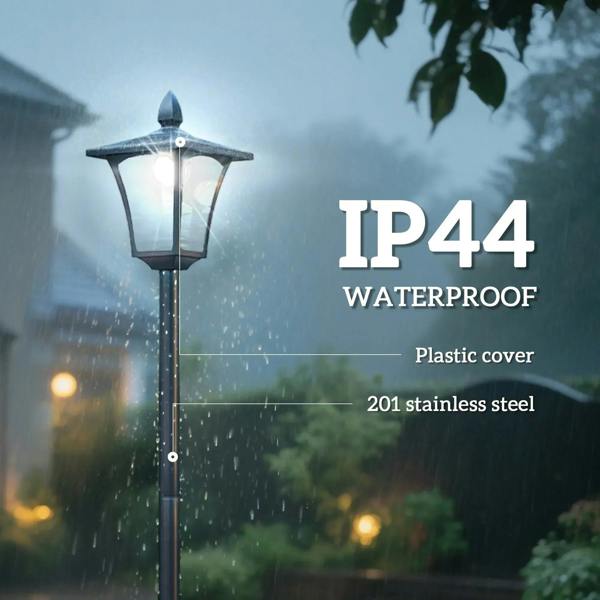Black waterproof outdoor post lantern with raindrop style lighting, glowing glass