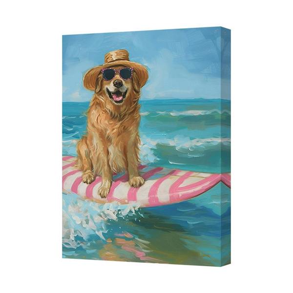 Benjamin Tate Design Golden Retriever Surfing Pink Surfboard Canvas Art Print