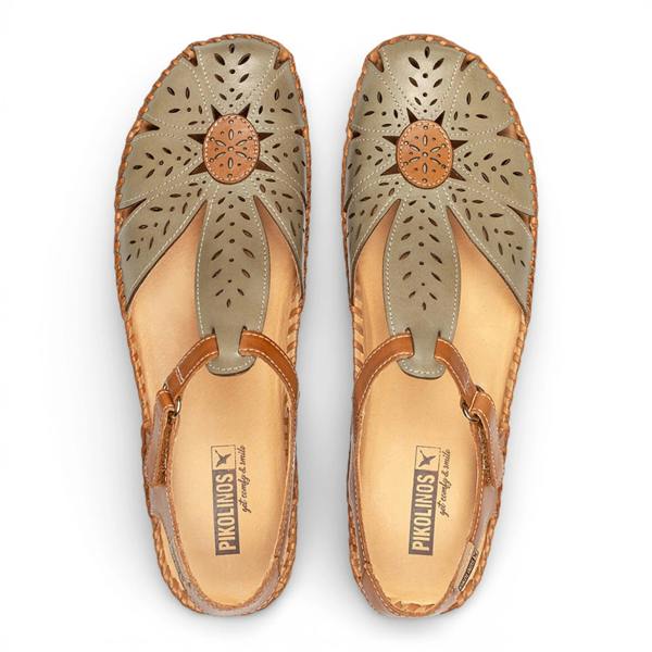 Pikolinos P-Vallarta - Women’s Tan Green Leather Wedge Sandals