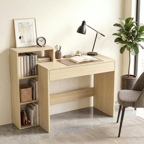 HOMCOM Computer Desk with 3 Open Shelves and Drawer, Natural