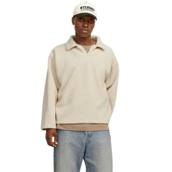 Jack And Jones Mens Teddy Fleece Long-Sleeved Sweatshirt - Oatmeal - 