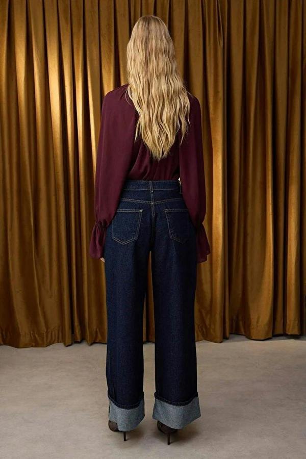 WOVCOR Regular Waist Wide Leg Jeans with Folded Hem