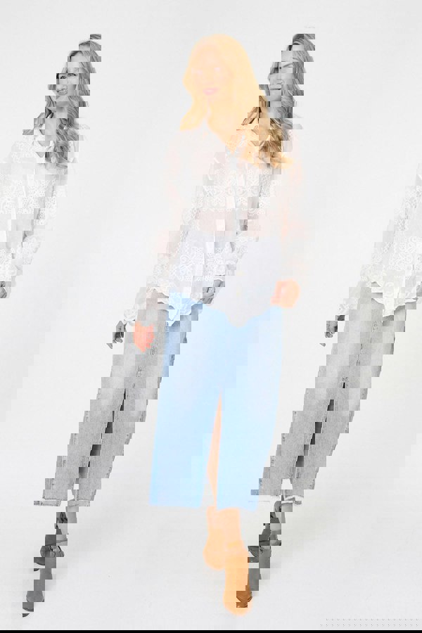 White | Embroidered Textured Long Sleeve Shirt
