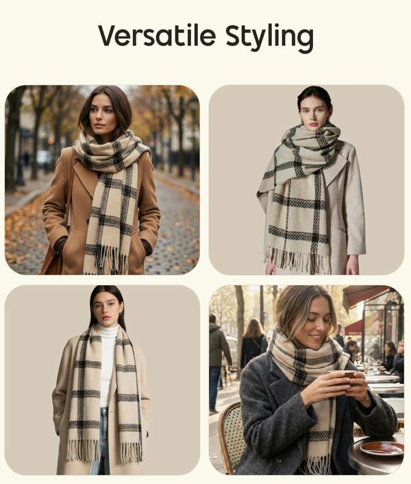VIA MONTEN Women’s Vintage Plaid Scarf, Oversized Winter Wrap Shawl with Fringe for Cold Weather