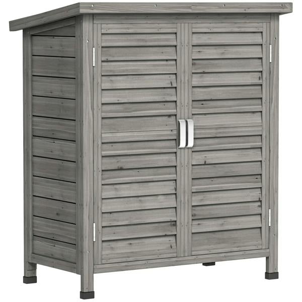 Grey wooden garden storage shed with two shutter-style doors, solid fir panels