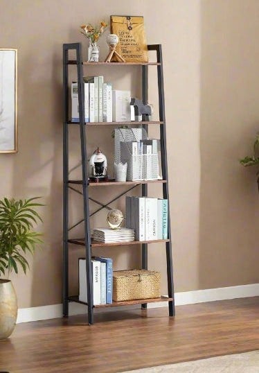 5-tier industrial ladder bookshelf with black metal frame and wood shelves, used for displaying books and home decor

