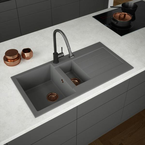 Flode Vänern | 1.5 Bowl Comite Kitchen Sink & Drainer | Inset | Strainer Wastes Supplied | Matt Grey Finish