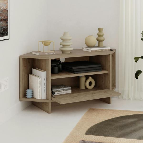 Decortie Modern Viva Corner TV Unit Shelf up to 36 Inch TVs Push to Open Storage Cabinet, 3 Open Shelf Media Centre 95.7(W)cm