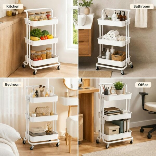Dyzi 3 Tier Rolling Storage Trolley Utility Organiser with Wheels White