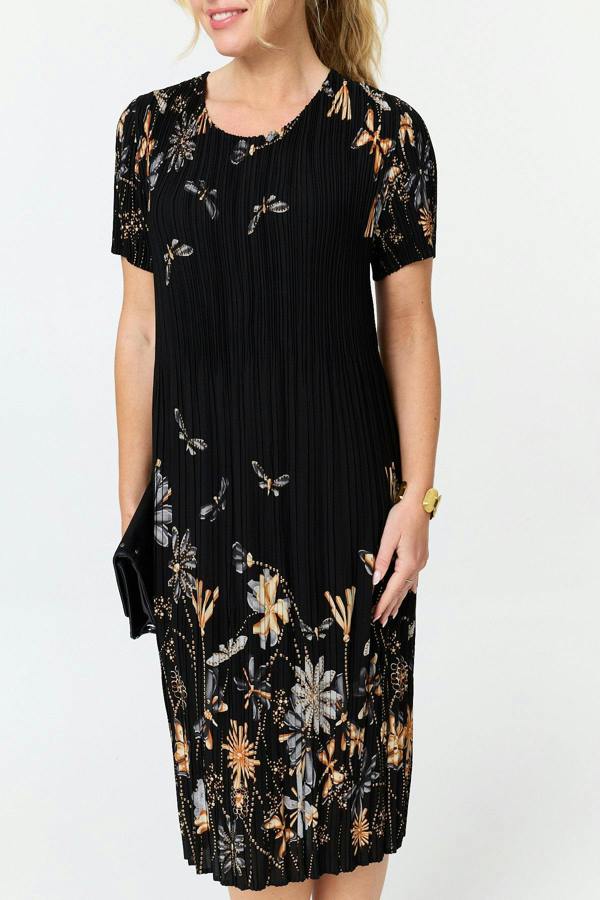 Black | Floral Pleat Texture Midi Shift Dress