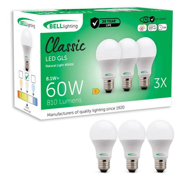 BELL Lighting E27 Edison Screw LED GLS 8.1W Energy Saving Light Bulbs