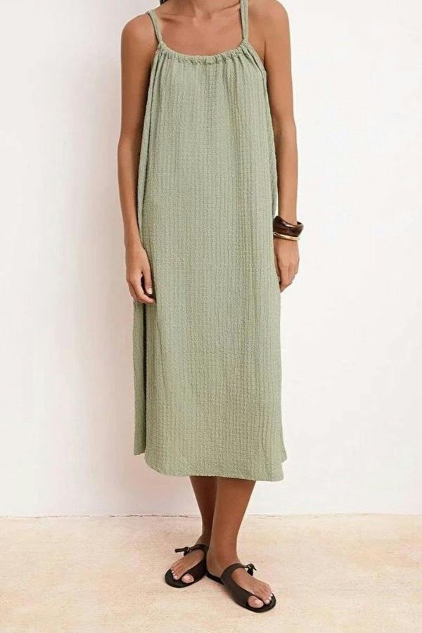 WOVCOR Plain Neckline Sleeveless Midi Textured Knit Dress