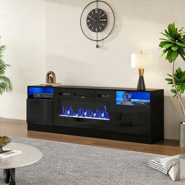 Livingandhome Recessed Electric Fireplace TV Stand with Closed Storage Living and Home