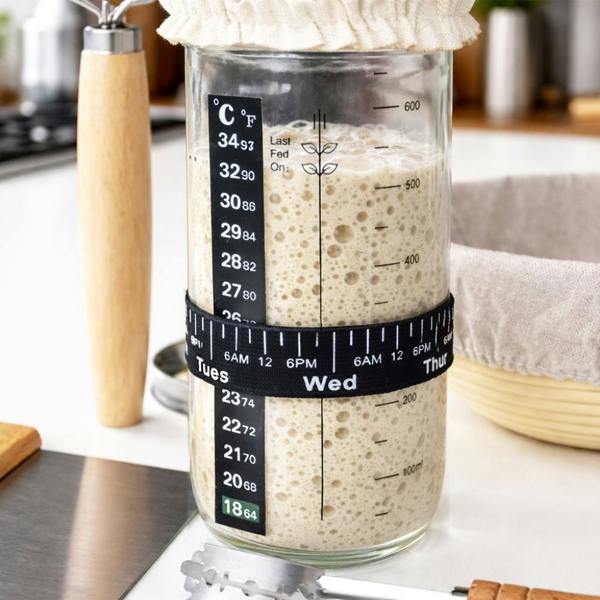 Close-up of a glass sourdough starter jar filled with bubbly fermenting dough, showing the temperature strip and black date-tracking band.
