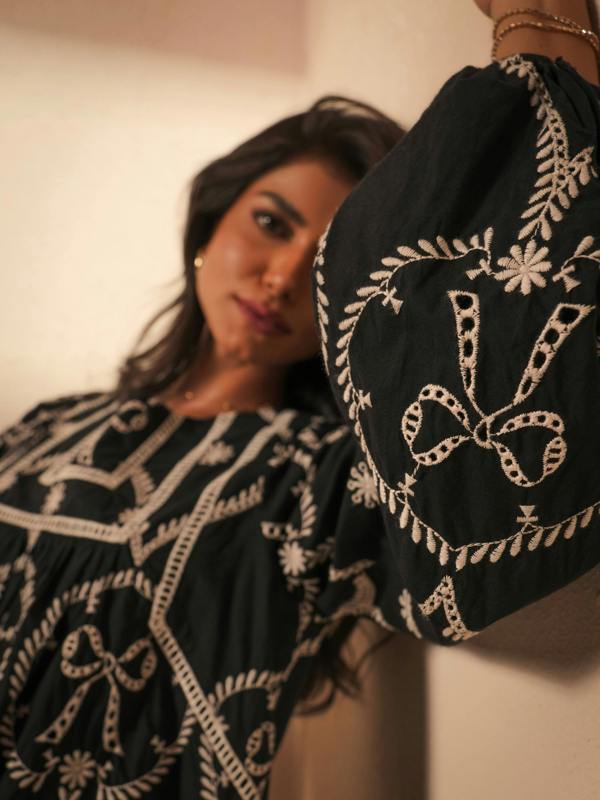Rose & Nancy Charlie Black and ivory Bow embroidered Long Sleeve Blouse