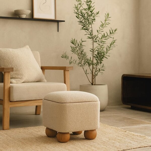 Wyld Haus Wailea Grey Boucle and Mango Wood Footstool with Ball Feet