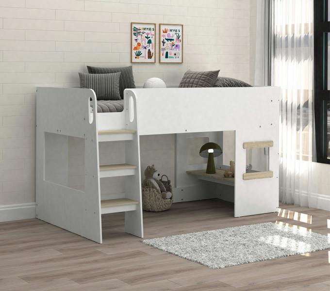 White loft bed with stairs in a room with a rug and wall art.