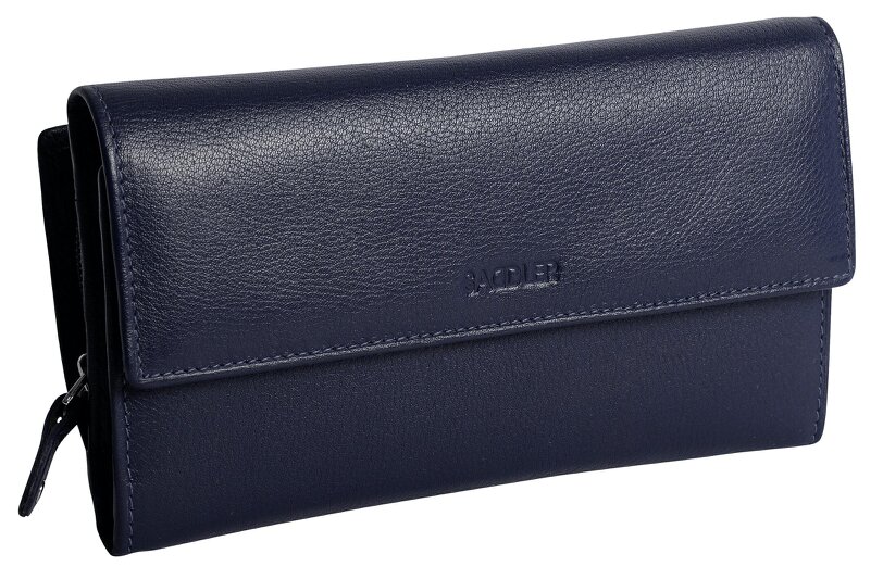 SADDLER ELLA Leather 18cm Trifold Purse - 20 Card Slots, Several Coin and Note Sections - RFID Protected - Peacoat Blue