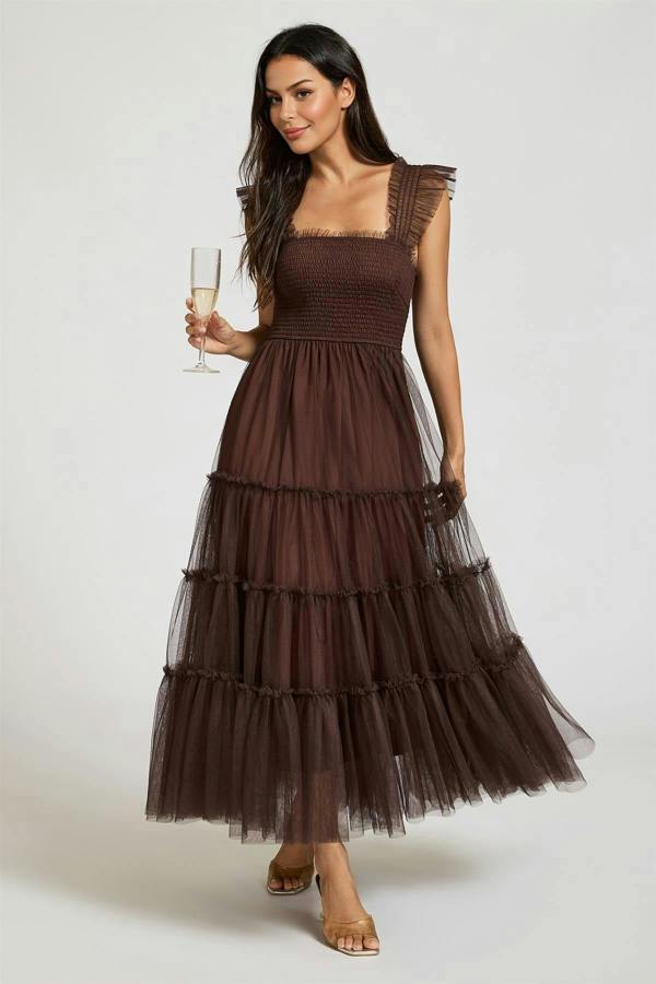 FS Collection Sleeveless Smocked Ruffle Tulle Dress In Brown - Brown