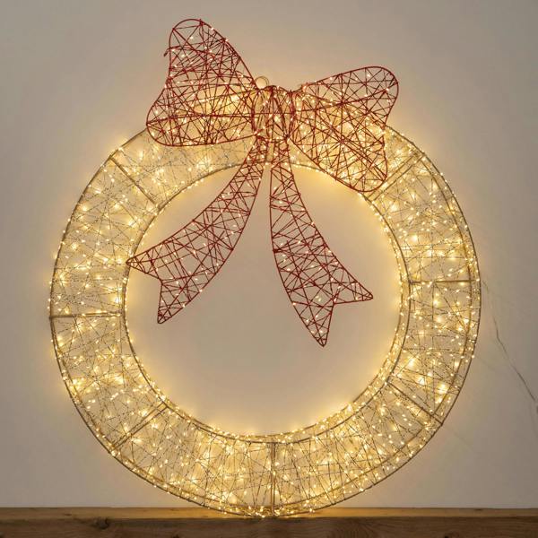 Samuel Alexander 90cm Light up Gold Twist Christmas Wreath with Red Bow and 1440 Warm White LEDs