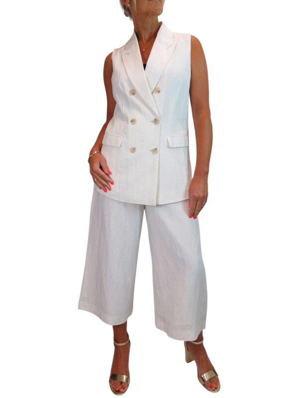 Paulo Due Women's 2 Piece Suit Linen Look Set - Sleeveless Tailored Waistcoat & Cropped Wide Leg Trousers - Cream