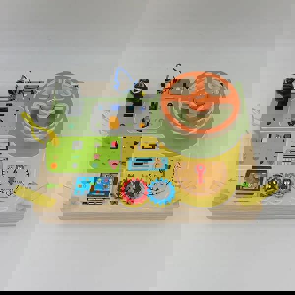 Dyzi Natural Wood Car Driving Steering Wheel Montessori Busy Board with LED Lights, Engine Sounds