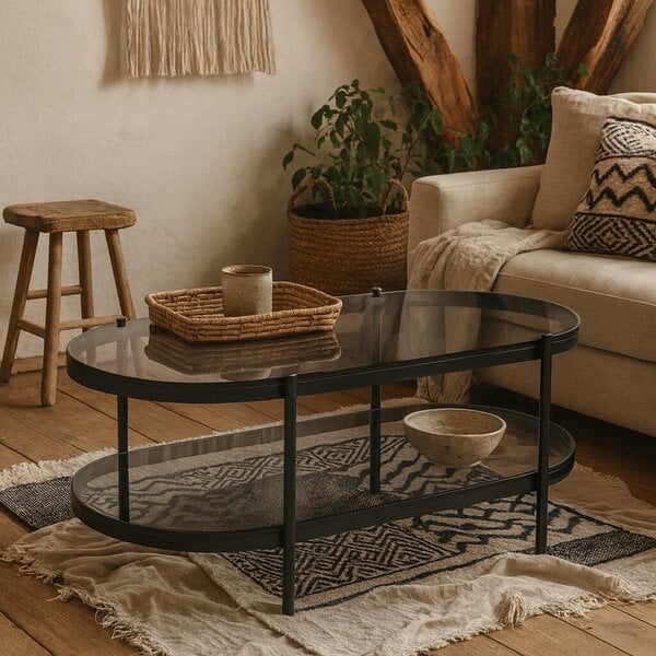 Wyld Haus Featheroak Grey Glass Oval Coffee Table Black Metal Legs