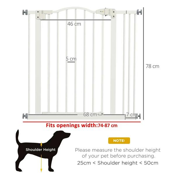 White pet gate frame with door panel; includes dimension markers and narrow bar spacing