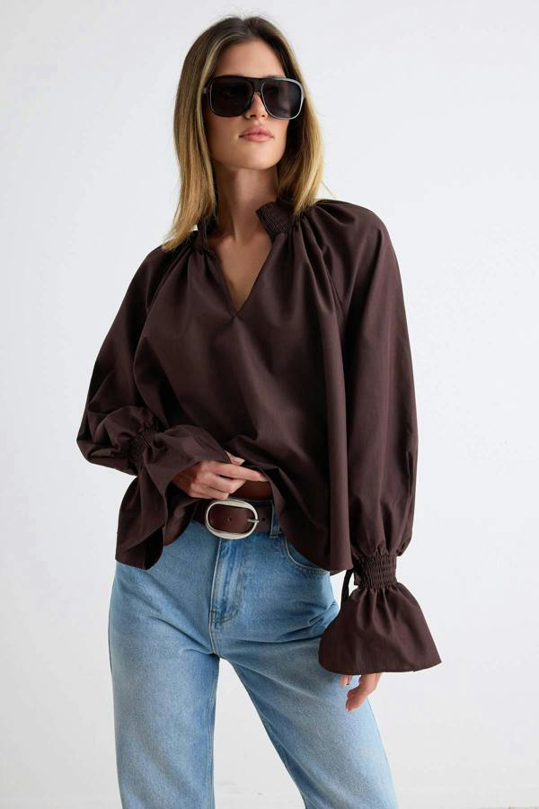 WOVCOR High Neck Long Sleeve Oversized Blouse