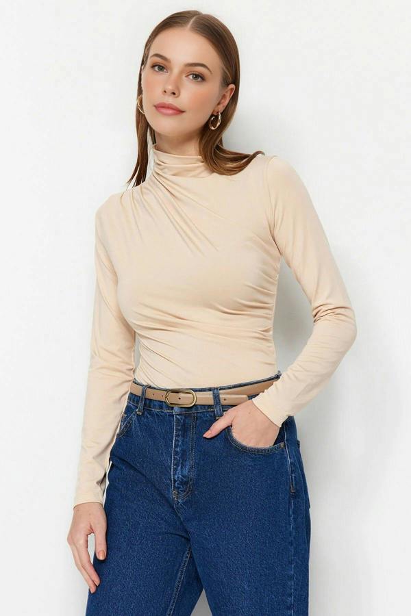 WOVCOR Stand Collar Knit Bodysuit with Gathered Detail