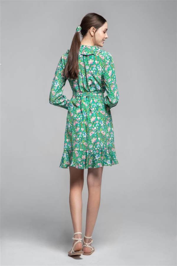 Rumour London Abby ruffled silk wrap dress in green floral print