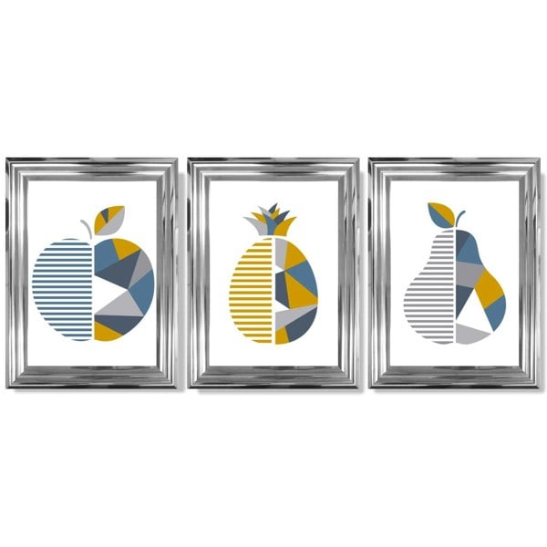 Artze Wall Art Set of 3 Blue & Yellow Geometric Fruit Framed Prints