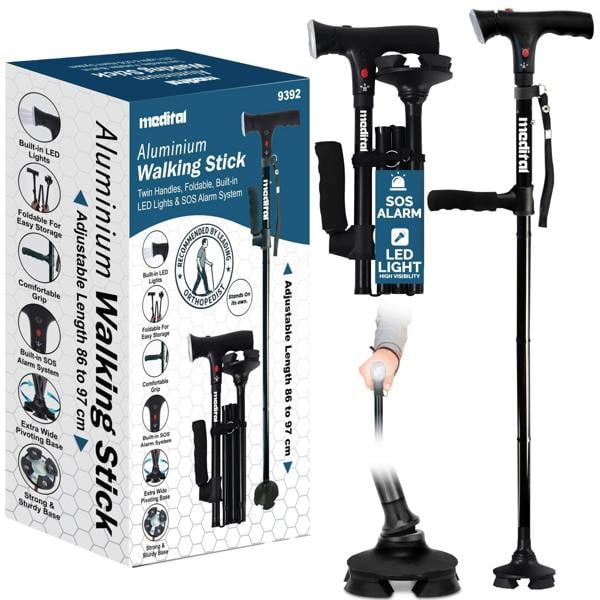 MEDITAL Folding Walking Stick with SOS Alarm & LED Light - 86-97cm Adjustable Aluminum Foldable Walking Stick for Men & Women