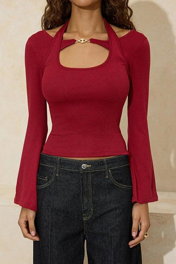 WOVCOR Boat Neck Cotton Knit Blouse with Accessory Details