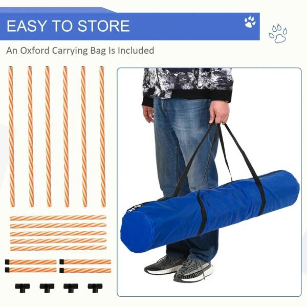 Dog agility carrying bag with orange and white weave poles set, shown being held