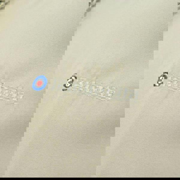 Lambretta Mens ShowerProof Classic Harrington MOD Scooter Jacket Coat, close-up of beige fabric with embroidered Lambretta logo and MOD target emblem.