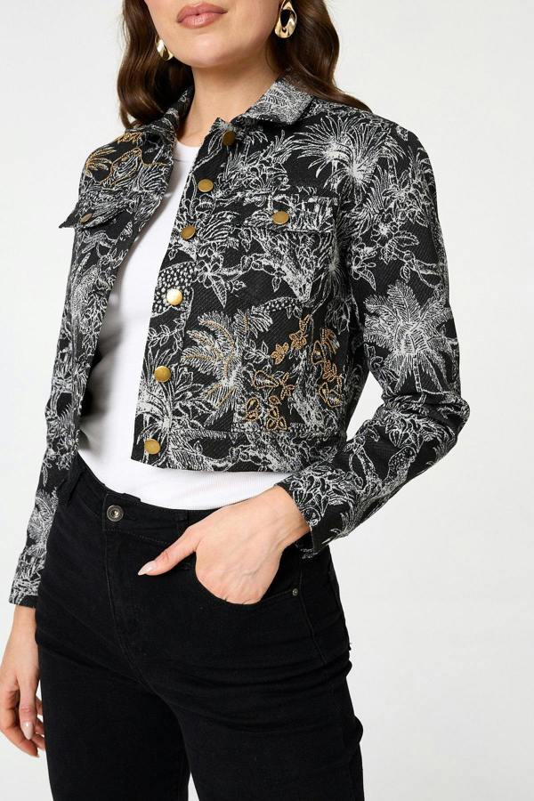 Black | Tropical Print Textured Cropped Jacket
