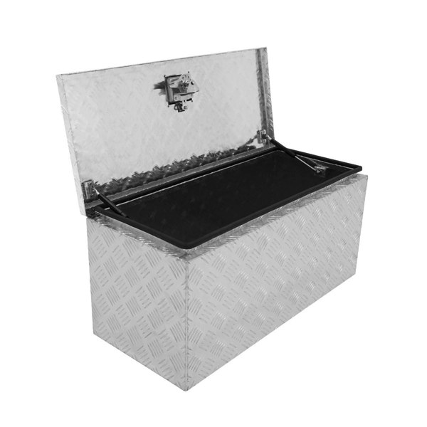 Extra large aluminium tool box with a diamond plate texture, featuring a secure latch and a spacious black interior for storage