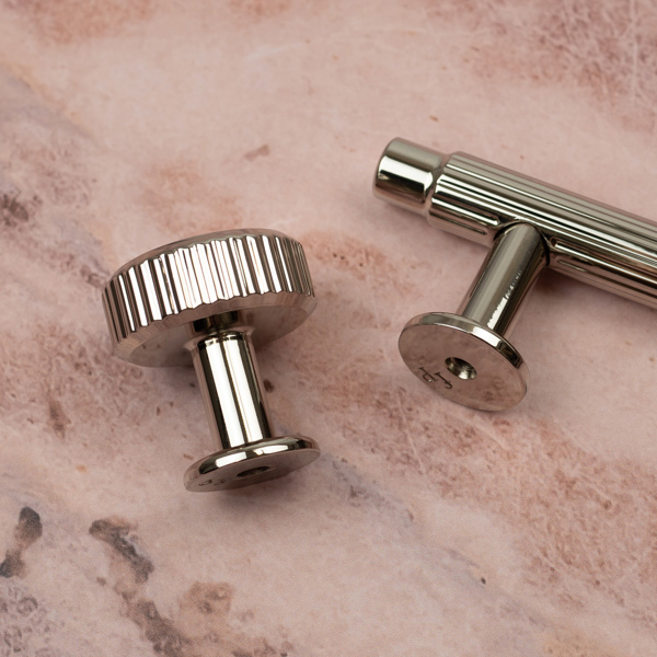 Handle & Home Bright Nickel Reeded Cabinet T-Bar Handle and Coordinating Disc Knob