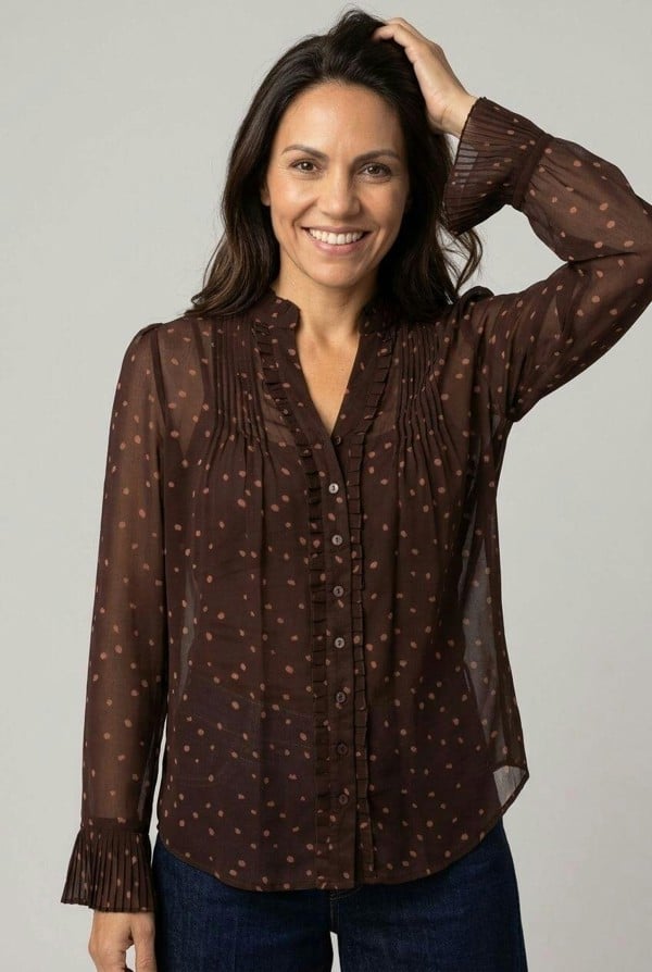 Izabel London Polka Dot Print Semi Sheer V-Neck Blouse