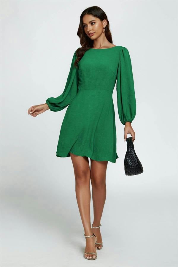 FS Collection Back V Neck Mini Dress In Green