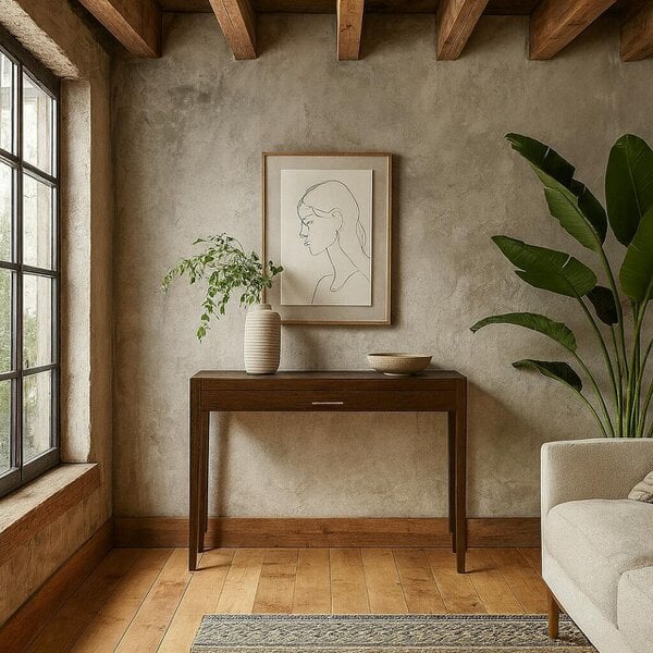 Wyld Haus Parma Walnut Oak and Brass Console Table with Drawer