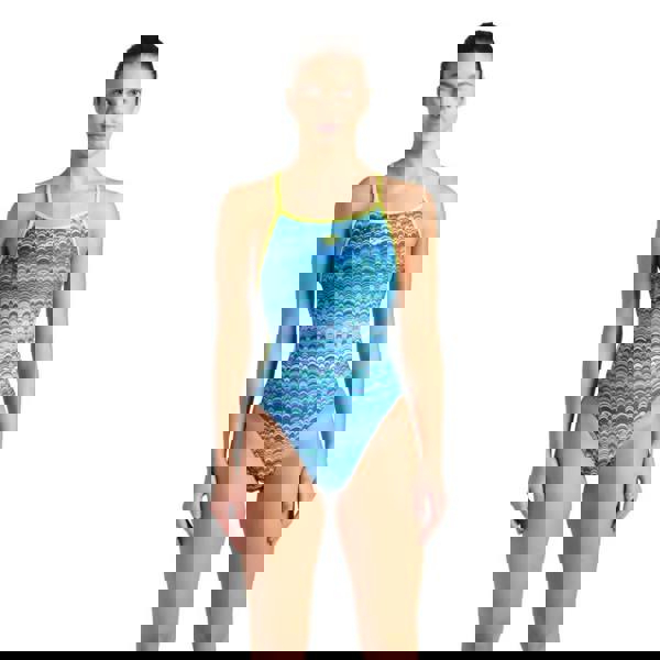 Arena Ondulation Lace blue-green wave swimsuit with yellow trim